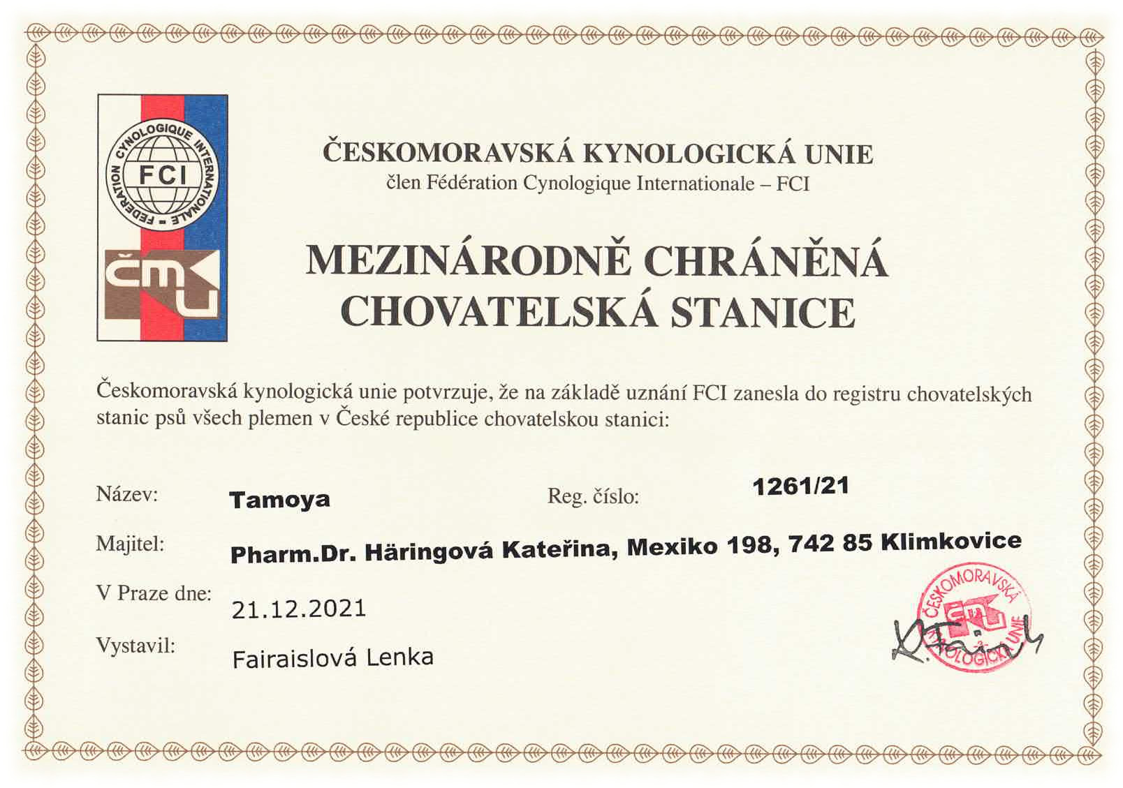 Registrace CHS Tamoya.